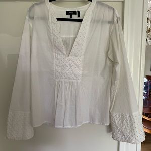 THEORY DETAILED EMBROIDERED LOOSE COTTON PEASANT LONG SLEEVE TOP